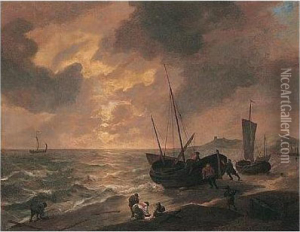 A Beach Scene With Fishermen Preparing Their Boats At Sunset Oil Painting - Lieve Verschuier