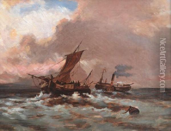 Paddle Steamer And Fishing Boat In Stormy Seas Oil Painting - Isaac Walter Jenner