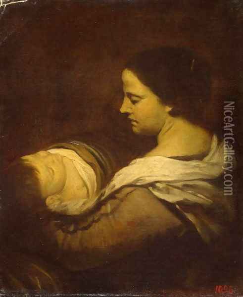 Woman with a Sleeping Child Oil Painting - Juan Bautista Martinez del Mazo