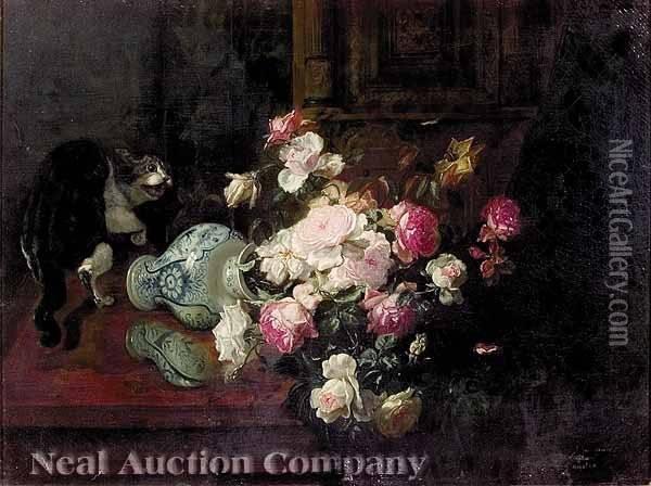 Cat Overturning A Vase Of Flowers Oil Painting - Gustave-Emile Couder