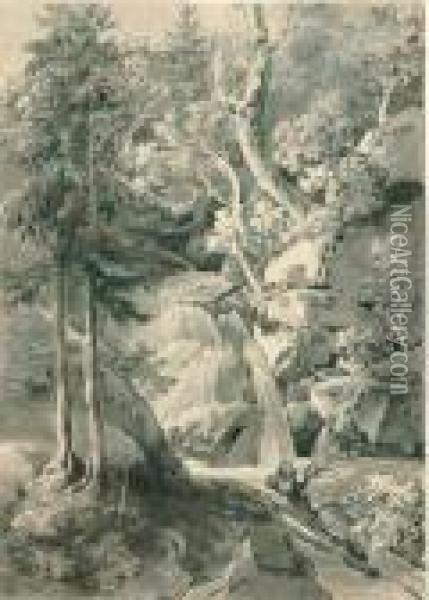 Ein Wasserfall Im Wald. Oil Painting - Georg Maximilian Johann Von Dillis