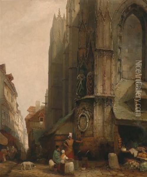 Market Scene In Front Of A Gothic Cathedral Oil Painting - Jacques Carabain