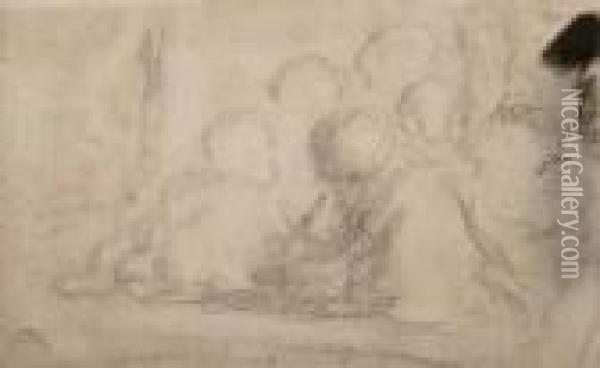 Group Of Figures And Portrait Study Of A Man Oil Painting - Honore Daumier