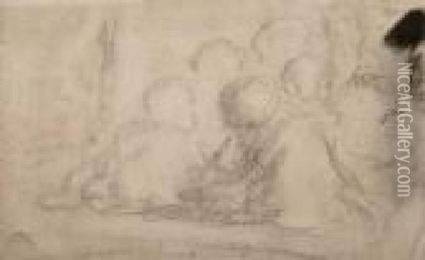 Group Of Figures And Portrait Study Of A Man Oil Painting - Honore Daumier