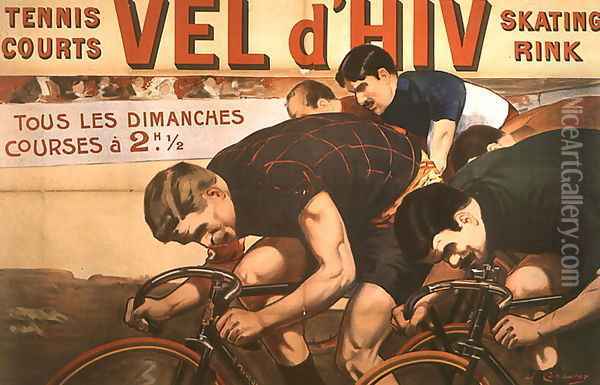 Races every Sunday, poster advertising the 'Vel d'Hiv' (velodrome d'hiver), 1910 Oil Painting - Jacques Cancaret
