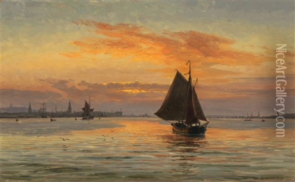 Sunset Over Alborg Oil Painting - Vilhelm Karl Ferdinand Arnesen
