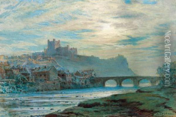 View Of Richmond Castle, Yorkshire; Dusk Oil Painting - Arthur Severn