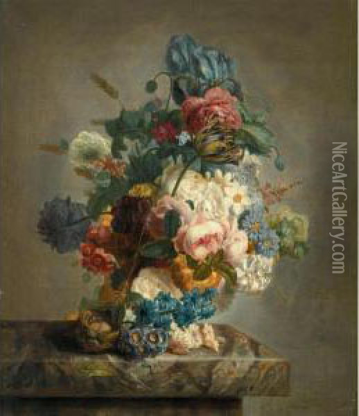 A Still Life Of Roses, Peonies, Irises, Primulae, A Variegated Tulip And Other Flowers, Together With A Birds Nest On A Marble Ledge Oil Painting - M. Van Spaey