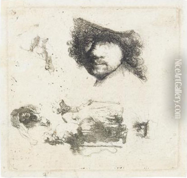 Sheet Of Studies: Head Of The Artist, A Beggar Couple. Oil Painting - Rembrandt Van Rijn