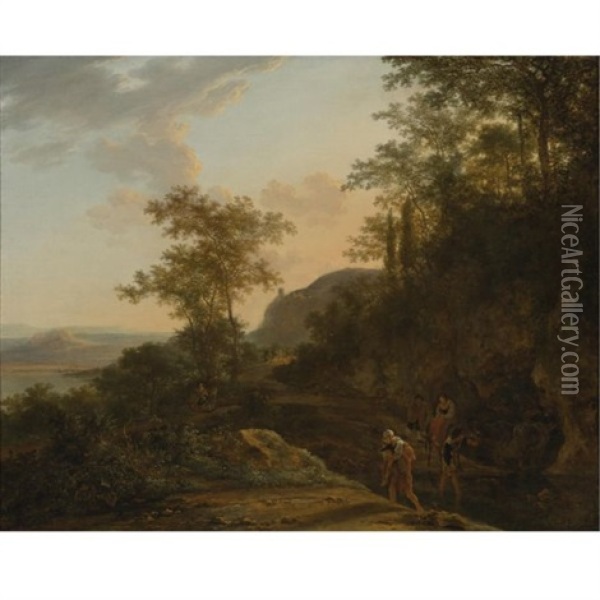 Italianate Landscape With A Mountain Path And Ford Oil Painting - Jan Dirksz. Both