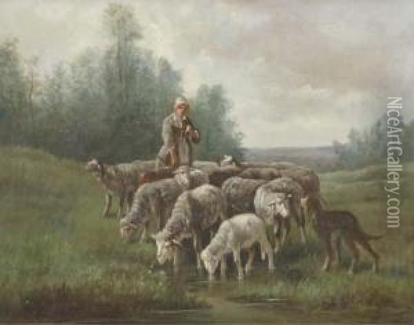 A Shepherd Girl Leading The Flock To Water Oil Painting - Felix Saturnin Brissot de Warville