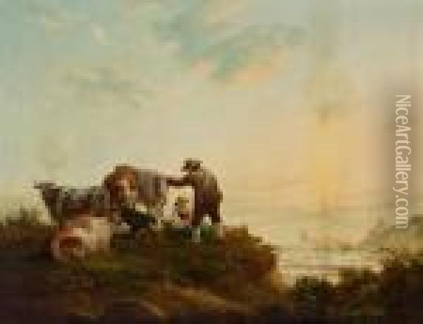 Coppia Di Pastori Con Gregge In Un Paesaggio Fluviale Olandese Oil Painting - Abraham van, I Strij
