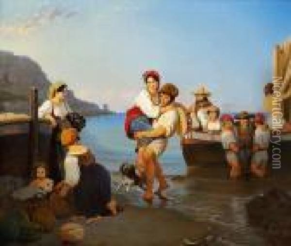 A Young Italian Woman Is Carried Ashore By A Young Neapolitan Fisherman Oil Painting - Ernst Meyer