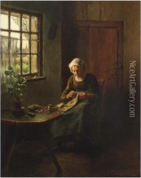 Woman Knitting In An Interior Oil Painting - Bertha Valkenburg
