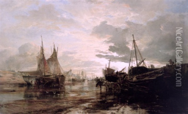 Beached Fishing Vessels In An Estuary Oil Painting - Samuel Bough