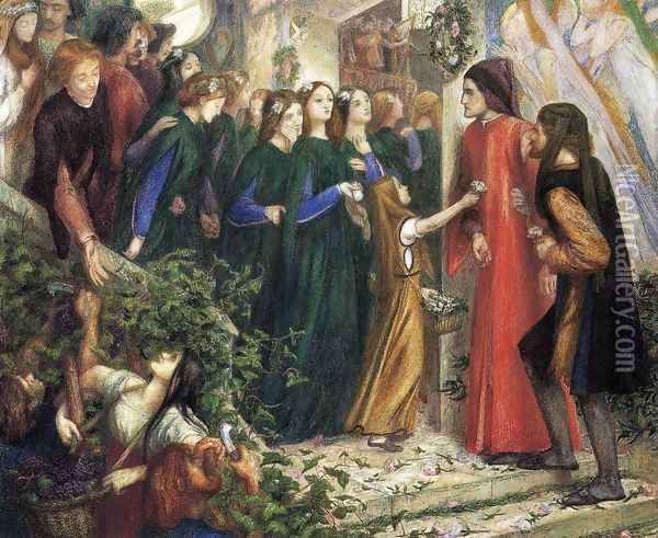 Beatrice Meeting Dante At A Wedding Feast Denies Him Her Salutation Oil Painting - Dante Gabriel Rossetti