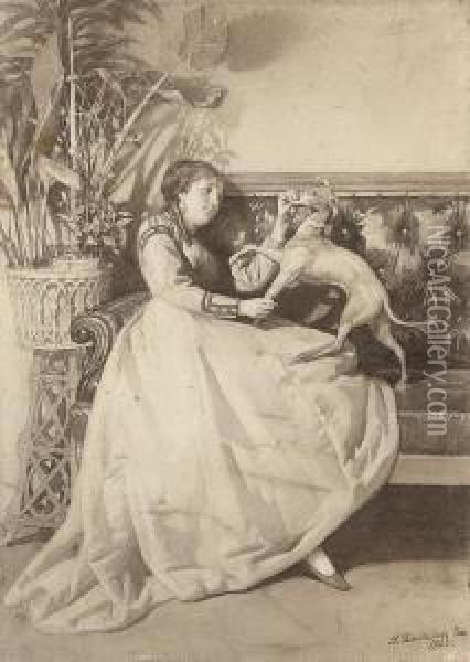 Lady Playing With Her Dog Oil Painting - Nikolai Dmitrievich Dmitriev-Orenburgsky
