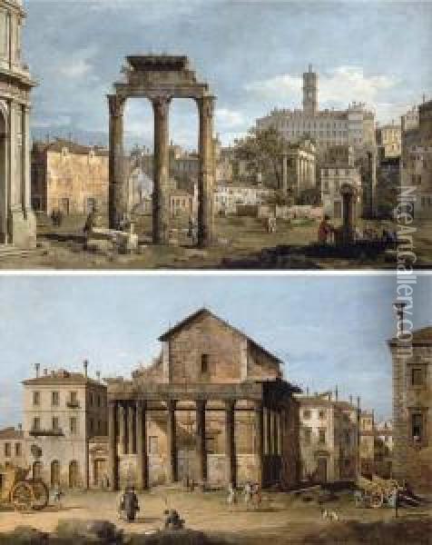 Rome: The Forum; The Temple Of Antoninus And Faustina Oil Painting - Bernardo Bellotto