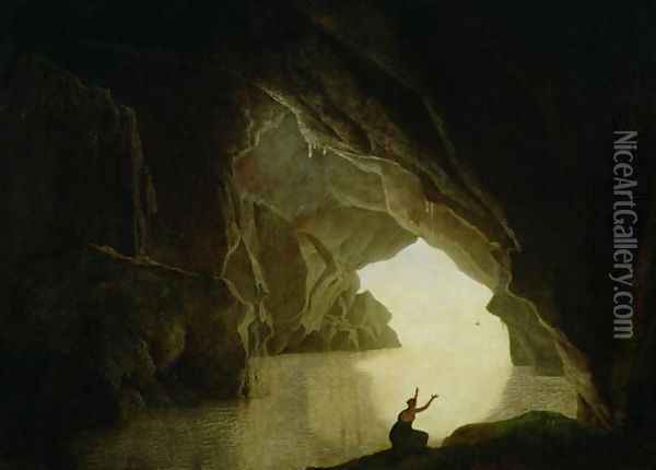 A Grotto in the Gulf of Salernum, with the figure of Julia, banished from Rome, exh. 1780 Oil Painting - Josepf Wright Of Derby