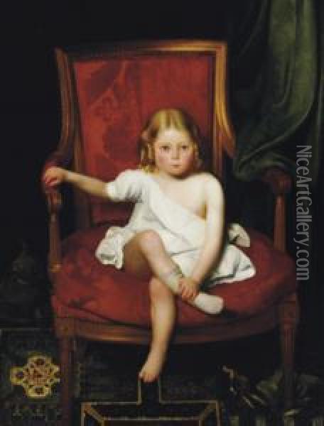Portrait Of A Young Girl Seated In A Large Red Bergere Oil Painting - Charles Valfort