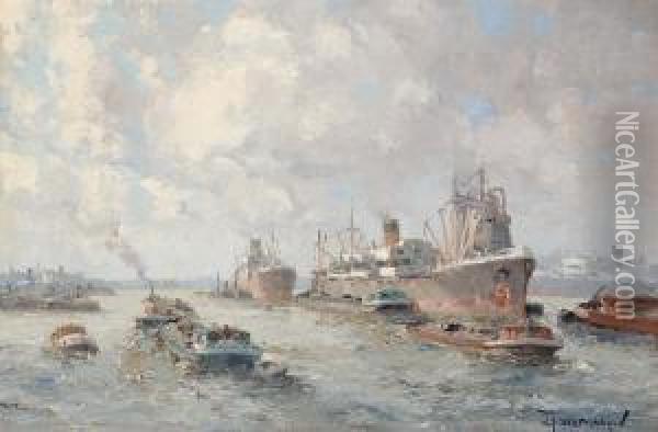 Hustle And Bustle In The Rotterdam Port Oil Painting - Gerardus Johannes Delfgaauw