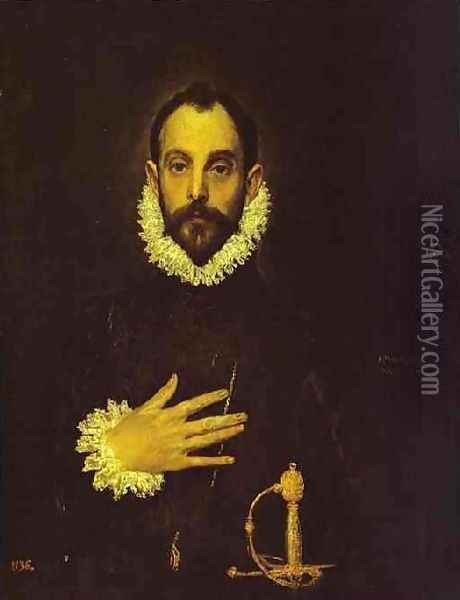 Portrait Of A Nobleman With His Hand On His Chest Oil Painting - El Greco (Domenikos Theotokopoulos)