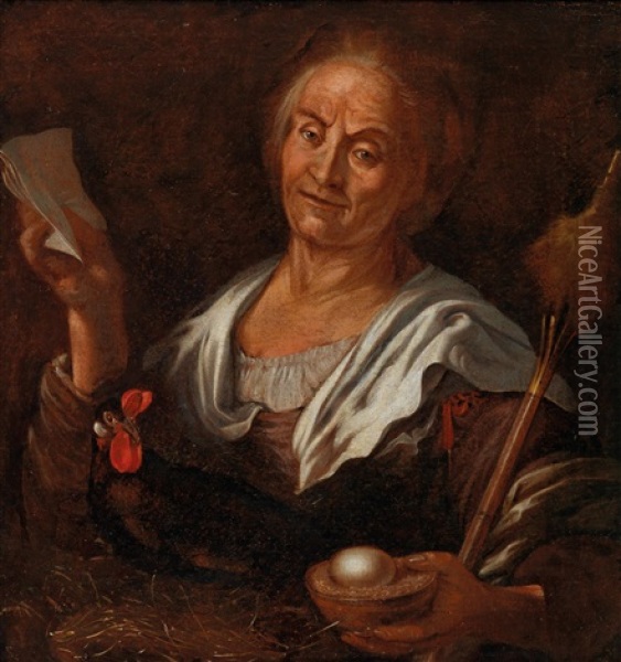 An Old Peasant Woman With A Chicken And An Egg Oil Painting - Pietro Bellotti