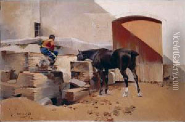 Patio De Cuadra (the Stableyard) Oil Painting - Josep I Cusachscusachs