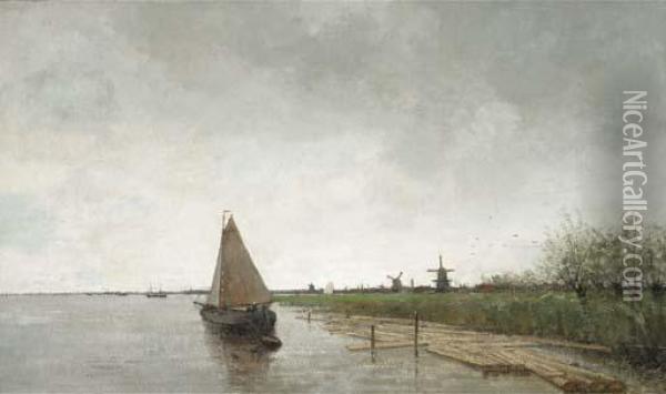 A River Landscape With Vessels, A City Beyond Oil Painting - Theophile Emile Achille De Bock
