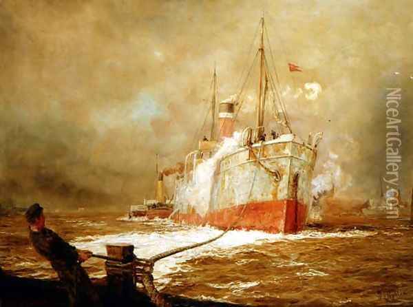 Docking a Cargo Ship Oil Painting - William Lionel Wyllie