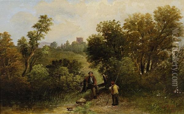 Figures Fishing In A Woodland Landscape Oil Painting - Edward Robert Smythe