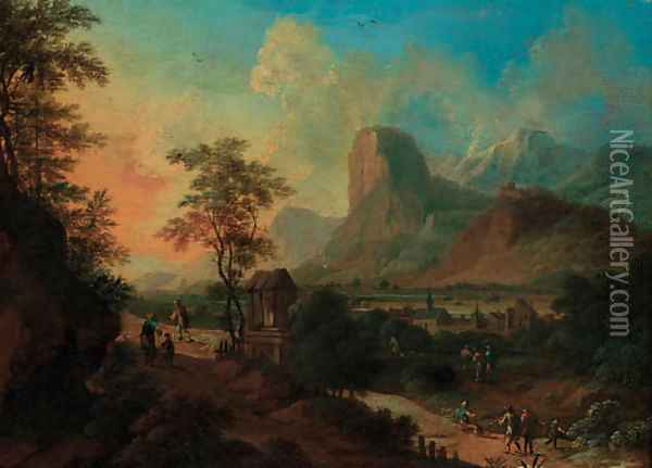 An Italianate landscape with figures on a pass by a shrine at sunset Oil Painting - Frans De Paula Ferg
