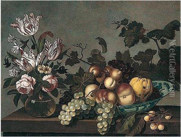 Still Life Of Peaches, Grapes And A Pear In A Blue And White Porcelain Bowl, Together With Variegated Tulips And Roses In A Glass Vase, Arranged Upon A Stone Ledge Oil Painting - Bartholomeus Assteyn