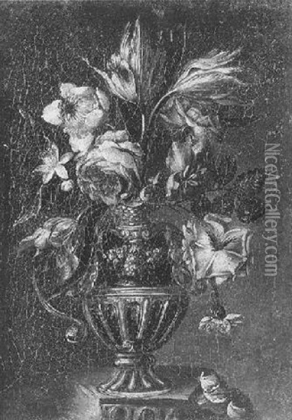 Nature Morte Au Vase De Fleurs Sur Un Etablement Oil Painting - Gasparo Lopez