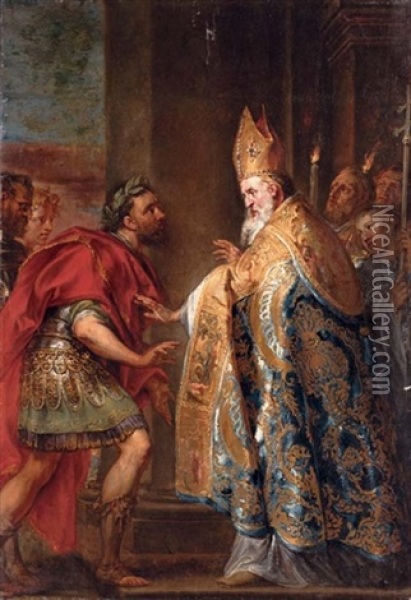 The Emperor Theodosius Before Saint Ambrose Oil Painting - Abraham van Diepenbeeck