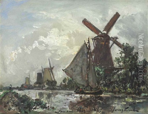 Moulins Au Bord D'un Canal, Hollande Oil Painting - Johan Barthold Jongkind