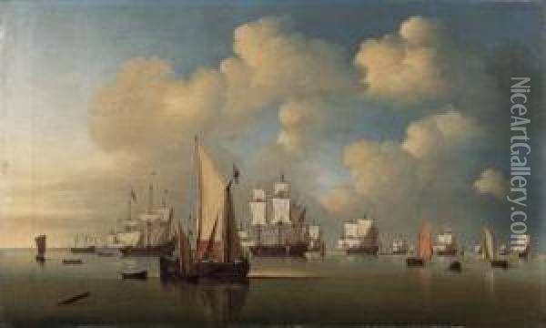 English And Dutch Men-o'war And Other Shipping In A Calm Oil Painting - Hendrick Dubbels