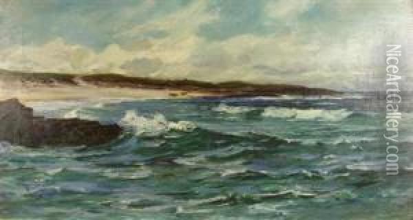 Waves Breaking With Figures On The Beach Oil Painting - Colin Hunter