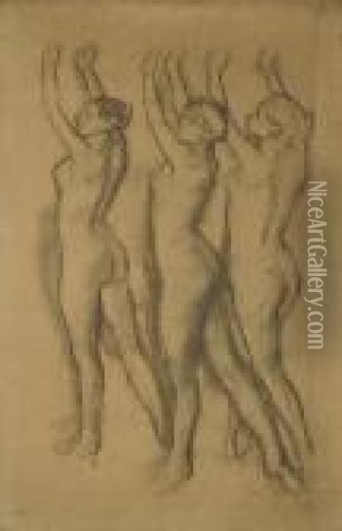 Trois Danseuses En Maillot, Les Bras Leves Oil Painting - Edgar Degas