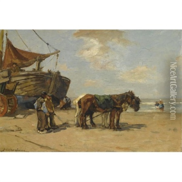 Figures Near A Bomschuit On The Beach Oil Painting - Johannes Evert Hendrik Akkeringa