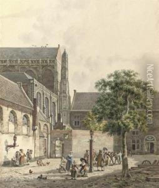 Figures On The Domplein With The Domkerk At The Left, Utrecht Oil Painting - Jan Hendrik Verheijen