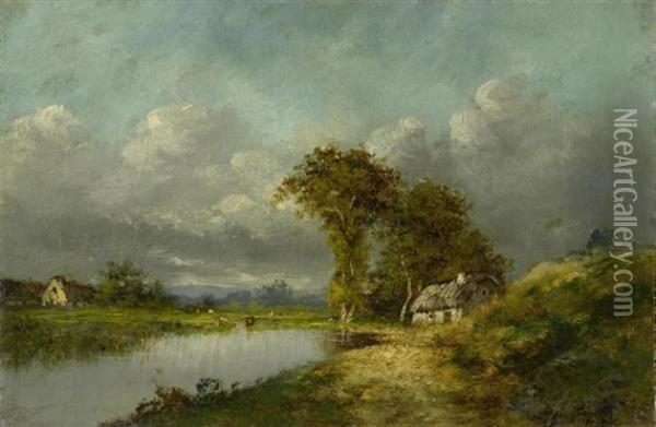 River Landscape With A Hut Oil Painting - Jules Dupre