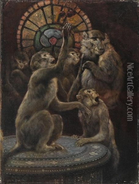Affenfamilie Mit Kirschen Oil Painting - Gabriel von Max