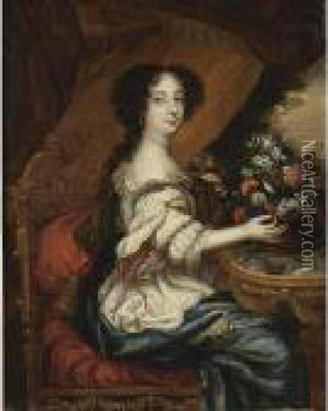 A Portrait Of A Lady, Seated 
Three-quarter Lenght, Wearing A White Dress With A Blue Shawl And 
Holding A Basket Of Flowers Oil Painting - Pierre Le Romain I Mignard