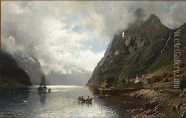 Fjordlandskap Med Figurer Oil Painting - Anders Monsen Askevold