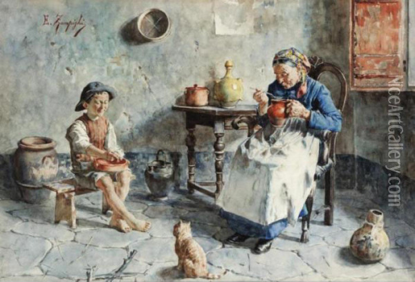 Feeding Time Oil Painting - Eugenio Zampighi