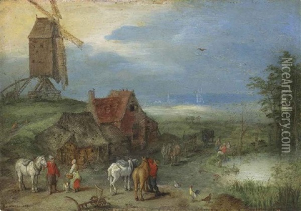 Landscape With A Windmill, Figures And Horses By A Farmstead Oil Painting - Jan Brueghel the Elder