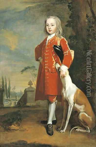 Portrait of a boy, full-length, in a red coat, a dog by his side, in a landscape Oil Painting - Charles Jervas