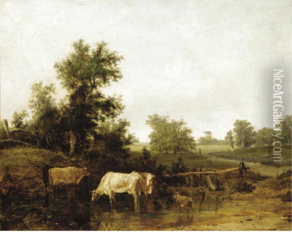 Cattle Watering Oil Painting - James M. Burnet