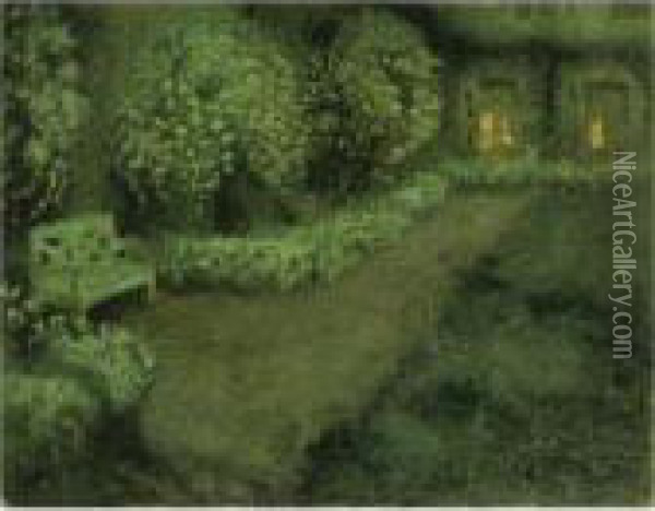Le Jardin Blanc Au Clair De Lune, Gerberoy Oil Painting - Henri Eugene Augustin Le Sidaner